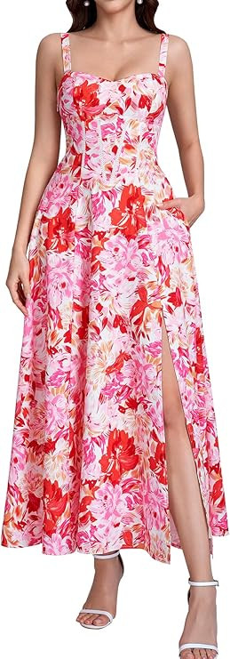 Women Floral Corset Midi Dress Lace Up Flowy A Line Slit Long Sundress Summer Casual Tea Party Dr... | Amazon (US)