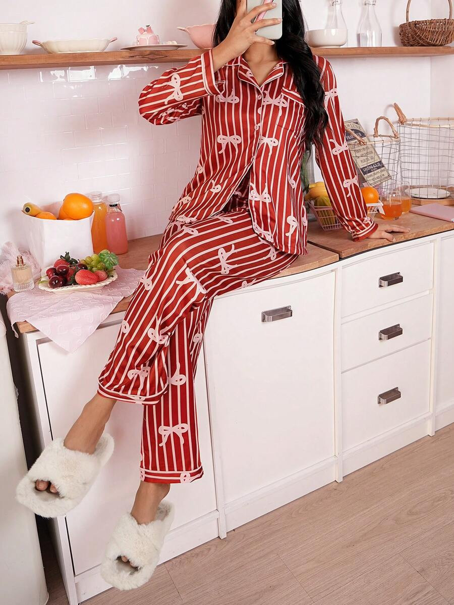 SweetSlumber Women Striped Bowknot Front Open Pajama Set | SHEIN