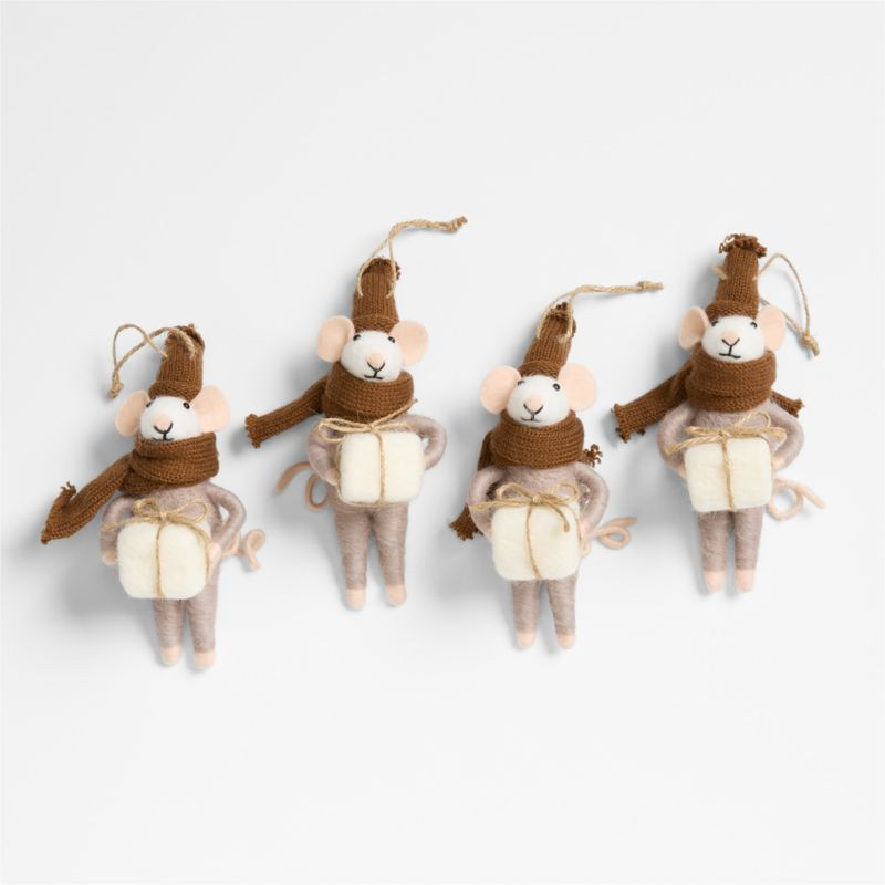 Felted Wool Mouse with Present Christmas Tree Ornament, Set of 4 | Crate & Barrel | Crate & Barrel