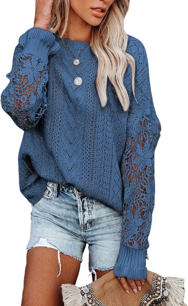 AlvaQ Women Lace Crochet Long Sleeve Crewneck Sweaters Winter Knit Pullover Jumper Tops | Amazon (US)