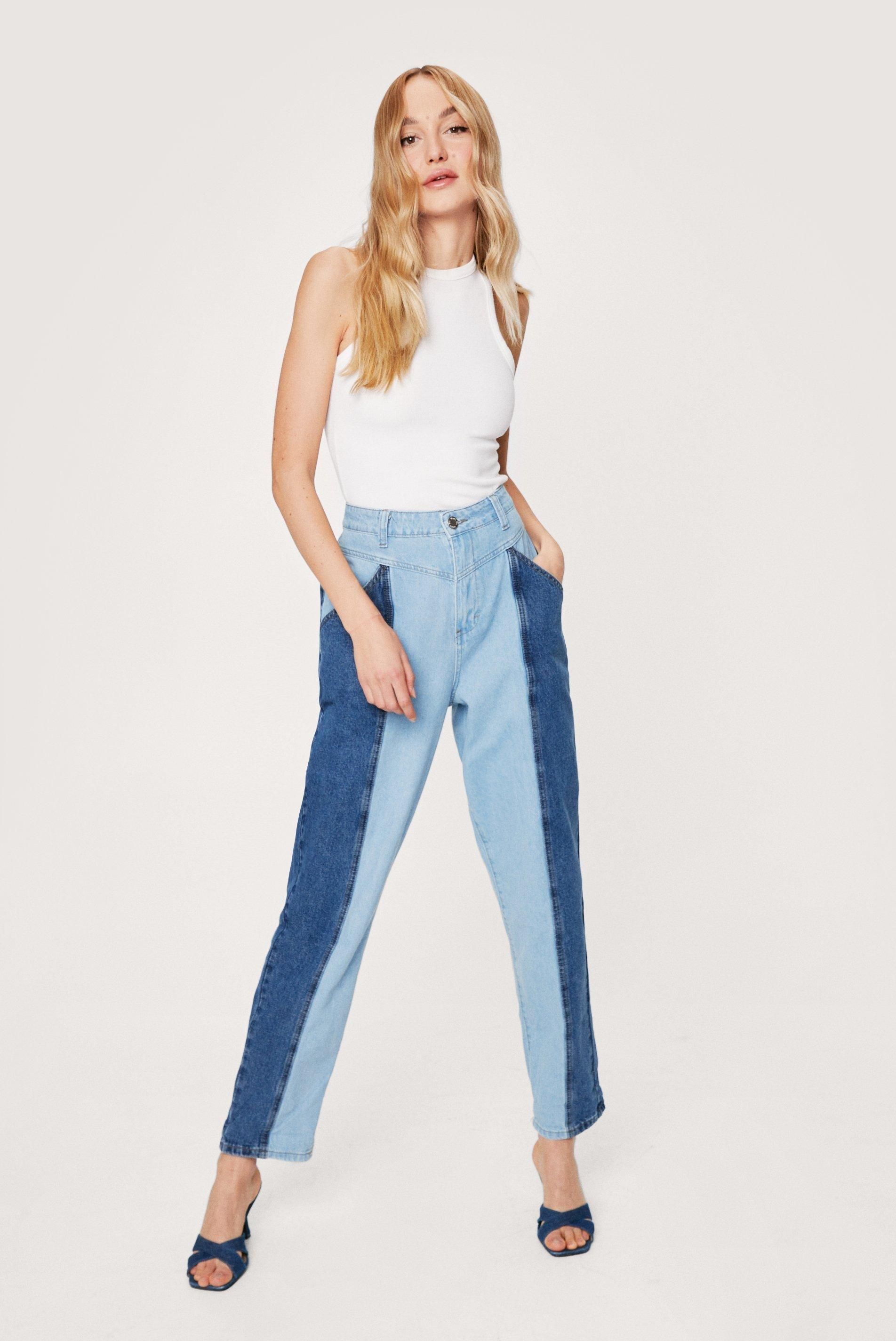 Womens Two Tone Denim Tapered Jeans - Blue - 6 | Boohoo.com (US & CA)