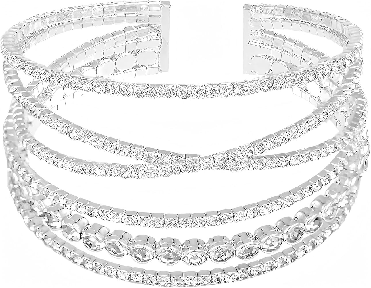 Jojomina MultiLayer Crystal Rhinestone Cuff Bracelet For Women Girls Silver Strand Layered Bridal... | Amazon (US)
