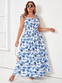 Plus Allover Floral Print Tie Shoulder Shirred Maxi Cami Dress | SHEIN