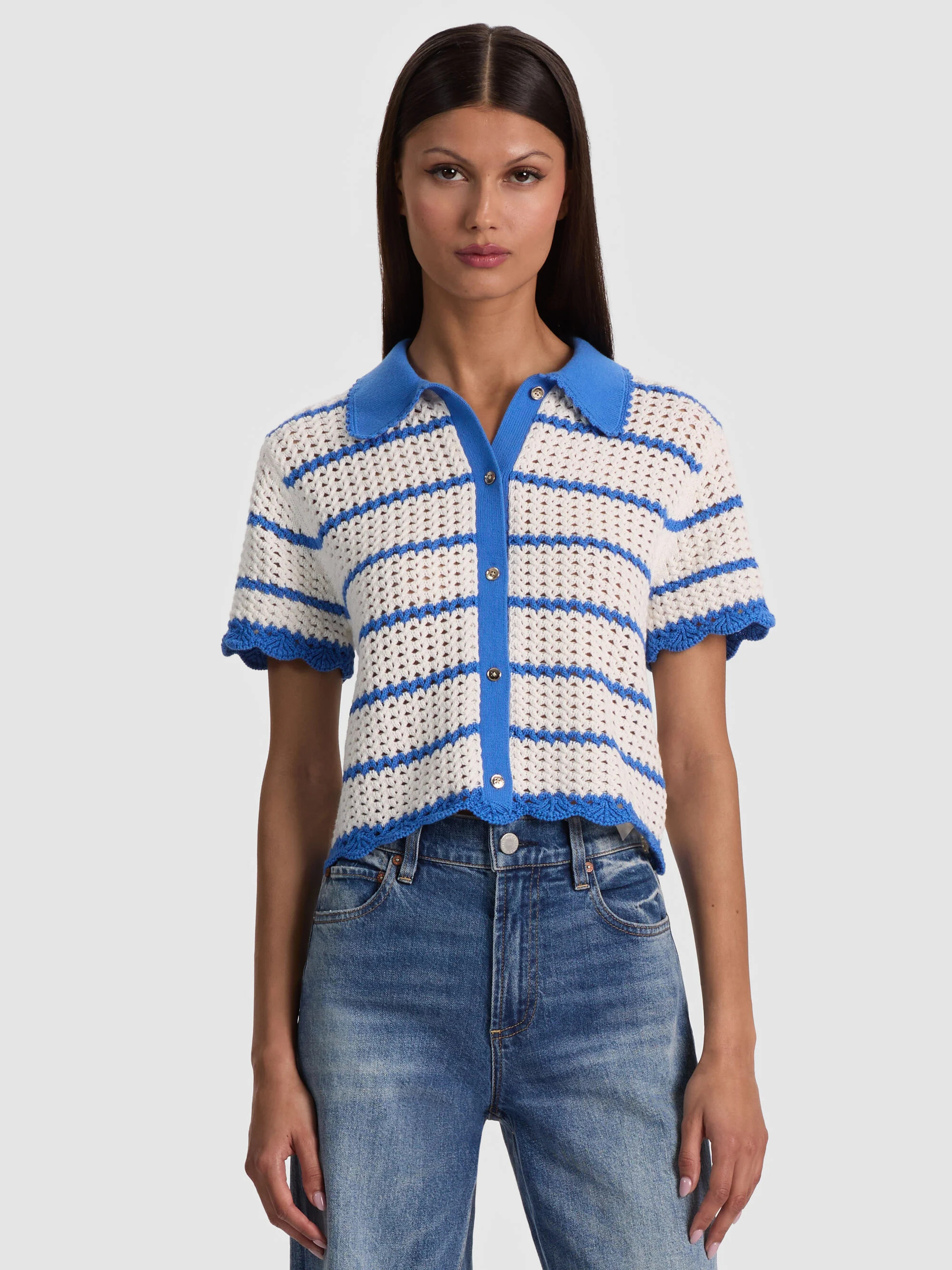 RANDALL POINTELLE POLO CARDIGAN | Alice + Olivia
