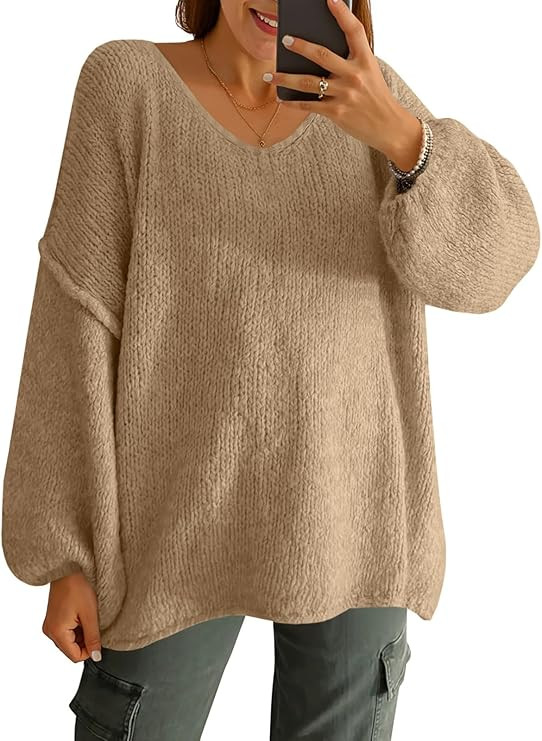 UNCLECAT Womens Oversized V Neck Sweaters Chunky Knit Long Lantern Sleeve Fall Winter Slouchy Tun... | Amazon (US)