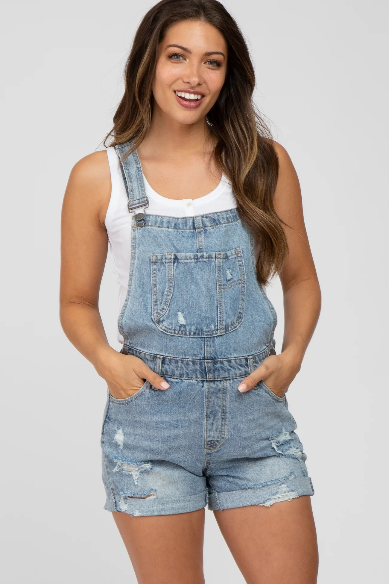 Blue Distressed Maternity Denim Short Overalls | PinkBlush Maternity