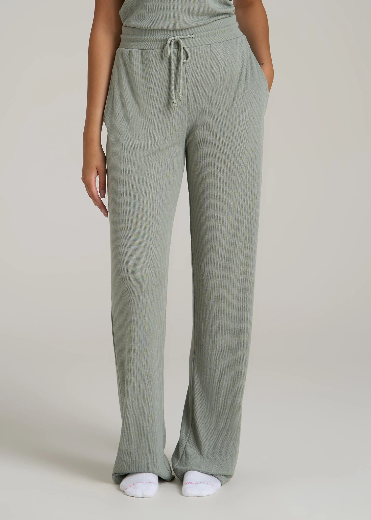Open-Bottom Waffle Lounge Pants for Tall Women in Seagrass | American Tall
