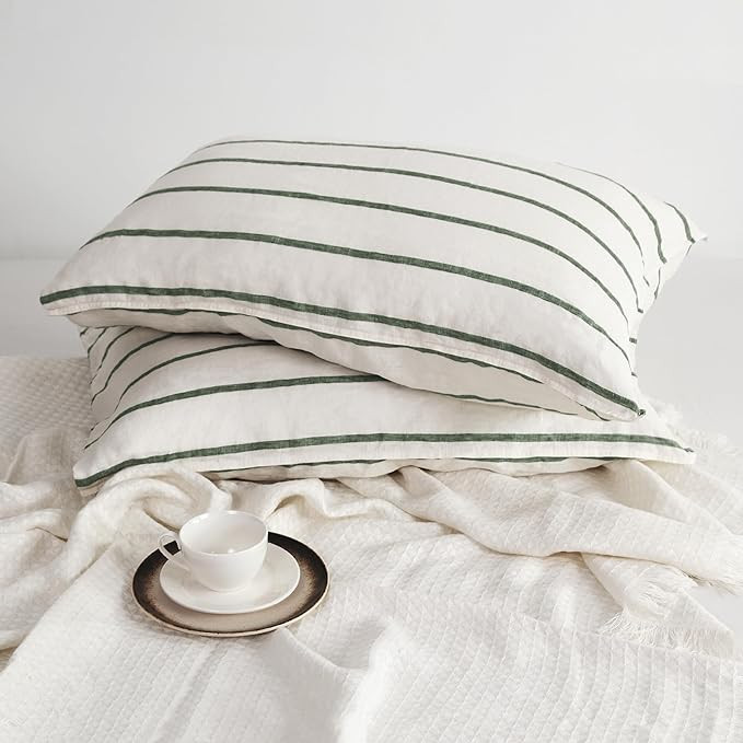 Striped Linen Pillow Cases Set of 2,20"x30" Standard/Queen Size,100% French Natural Flax Soft Bre... | Amazon (US)