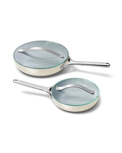 Caraway Ceramic Fry Pan Duo with Glass Lids - Non-Stick Frying Pans (10.5” & 8”) - Non Toxic, PTFE & PFOA Free - Oven Safe & Compatible with All Stovetops – Cream | Amazon (US)