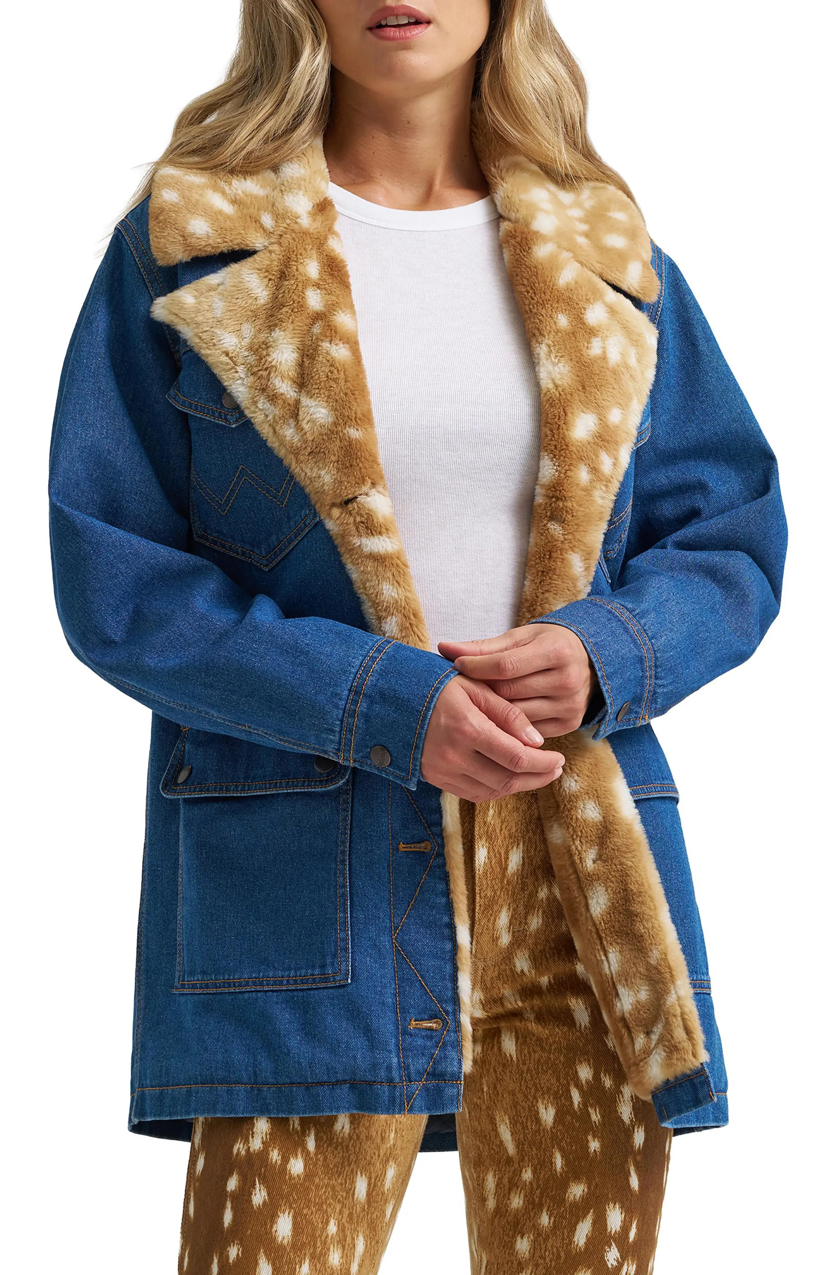 Wrangler Faux Fur Lined Denim Coat in Caviar Classic at Nordstrom, Size X-Large | Nordstrom