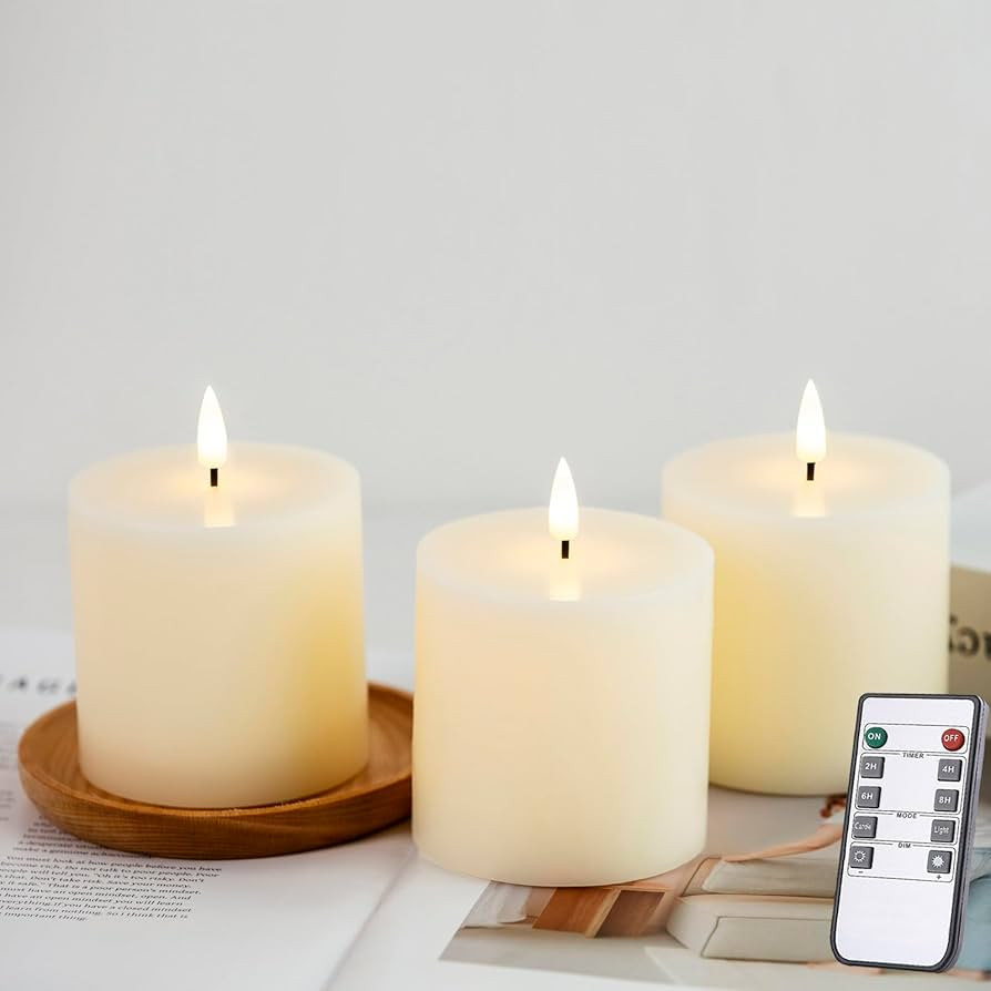 3x3 inch Ivory Flameless Candles Set of 3 Flickering LED Candles Battery Operated with Remote Con... | Amazon (US)