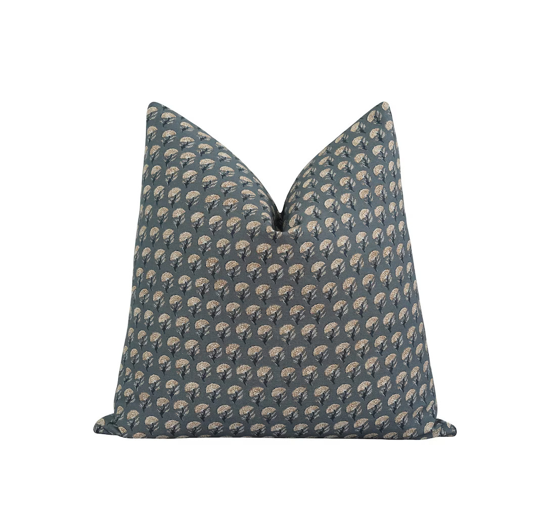 Stylish Slate Blue Throw Pillow With Beige Brown and Navy Fan Pattern, Double Sided Block Print P... | Etsy (US)