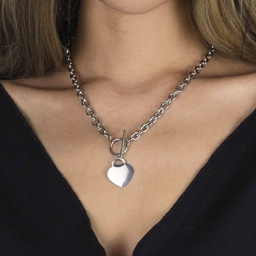 Heart Toggle Necklace Silver Stainless Steel Pendant Choker Charm Necklaces Cable Chain Jewelry f... | Amazon (US)