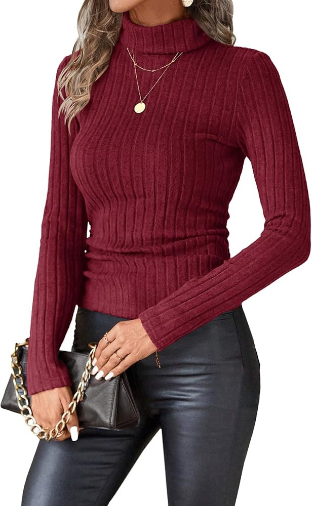 Ekouaer Womens Turtleneck Shirts Long Sleeve Slim Fit Fall Fashion Base Layer Pullover Fleece Rib... | Amazon (US)
