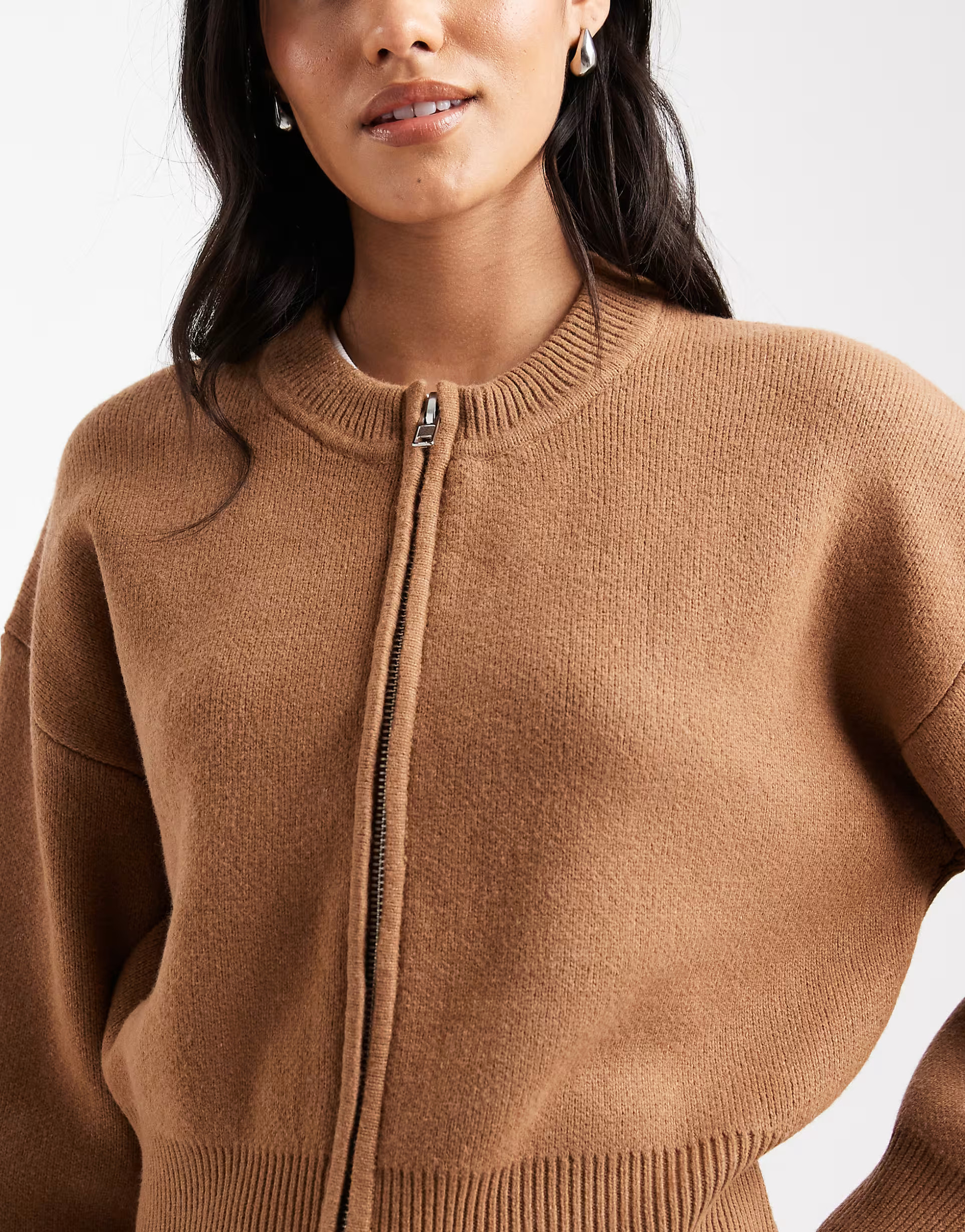 ASOS DESIGN knitted clean zip through jumper in toffee | ASOS | ASOS (Global)