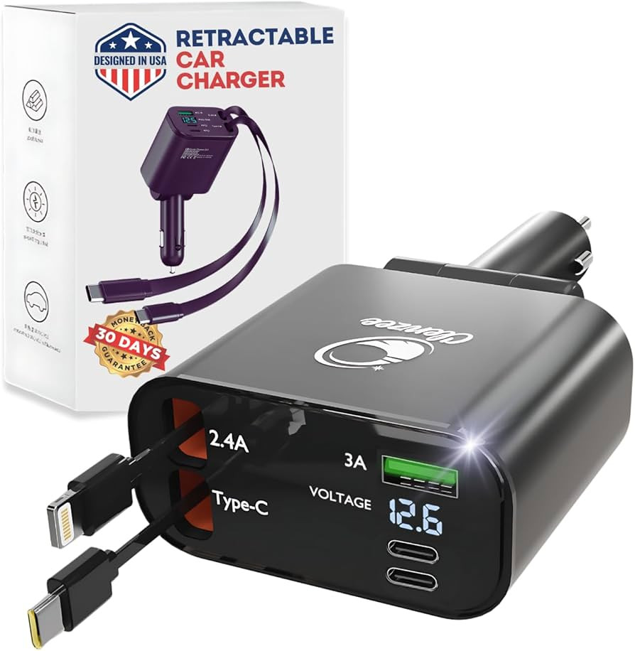 【Upgraded】 Retractable Car Charger 5 in 1 Fast Car Phone Charger | 2 Retractable Cords (Type-... | Amazon (US)