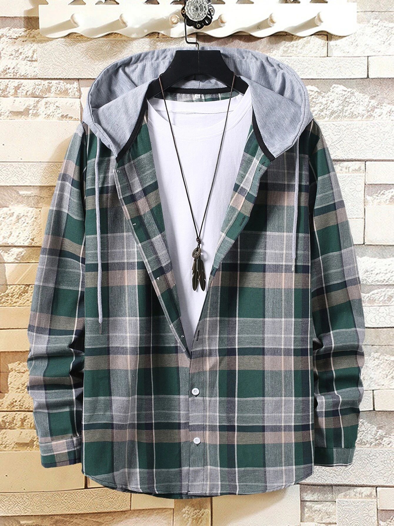 Men Contrast Hooded Plaid Print Coat | SHEIN