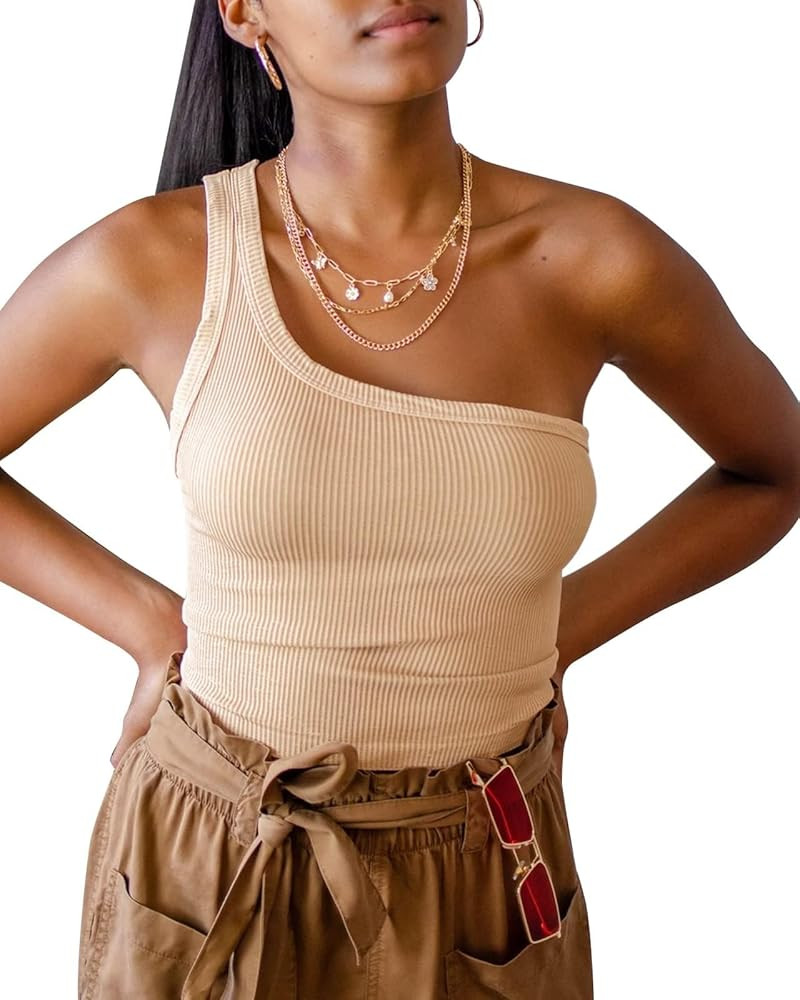 Womens One Shoulder Tops Summer Sleeveless Ribbed Tank Top Casual Slim Basic Tees | Amazon (US)