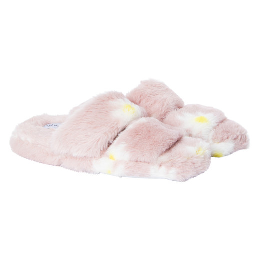 pink daisy faux fur double-band slide slippers | Five Below