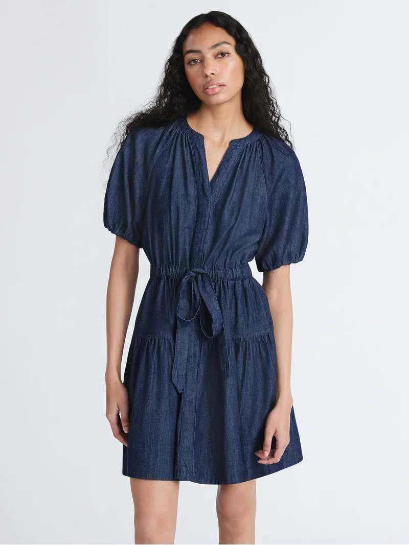 Free Assembly Women's Denim Tiered Mini Dress with Puff Sleeves, Sizes XS-XXL | Walmart (US)