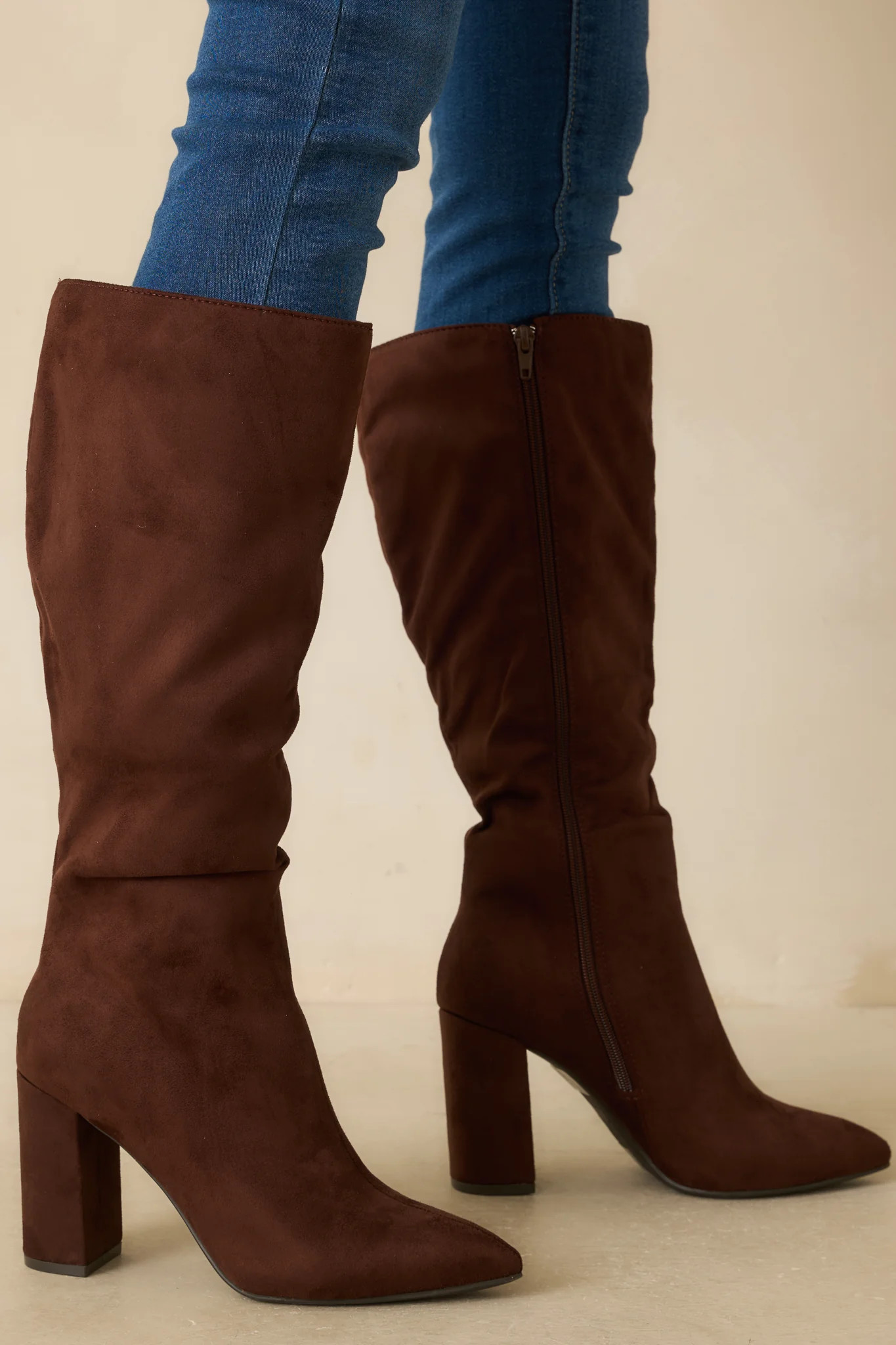 The Way You Move Dark Brown Faux Suede Block Heel Knee-High Boots | Red Dress