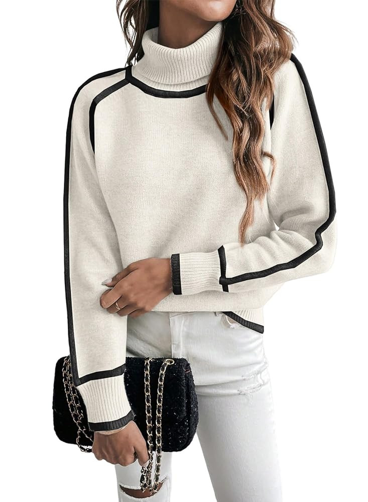 EVALESS Fall Sweaters for Women Trendy 2025 Cute Cozy Turtleneck Long Sleeve Colorblock Knitted P... | Amazon (US)