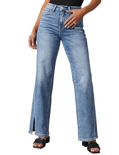 LONGBIDA High Waisted Straight Leg Jeans for Women Split Hem Y2K Trendy Destroyed Denim Pants(Light Blue,XXL) | Amazon (US)