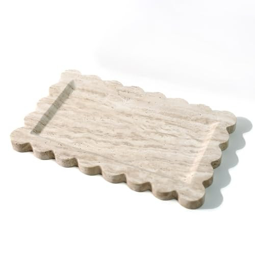 Natural 100% Marble Vanity Tray Luxury Scalloped Marble Storage Square Rectangle Tray for Home Decor Stone Tray for Bathroom/Kitchen/Candle Key (Rectangle-11.8 * 7.4-Beige Travertine) | Amazon (US)