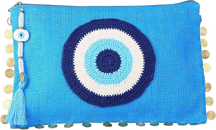 Karens Ege Evil Eye Jute/Burlap Clutch Bag Beach bag Zipper Gift with Crystals and Tassels | Amazon (US)
