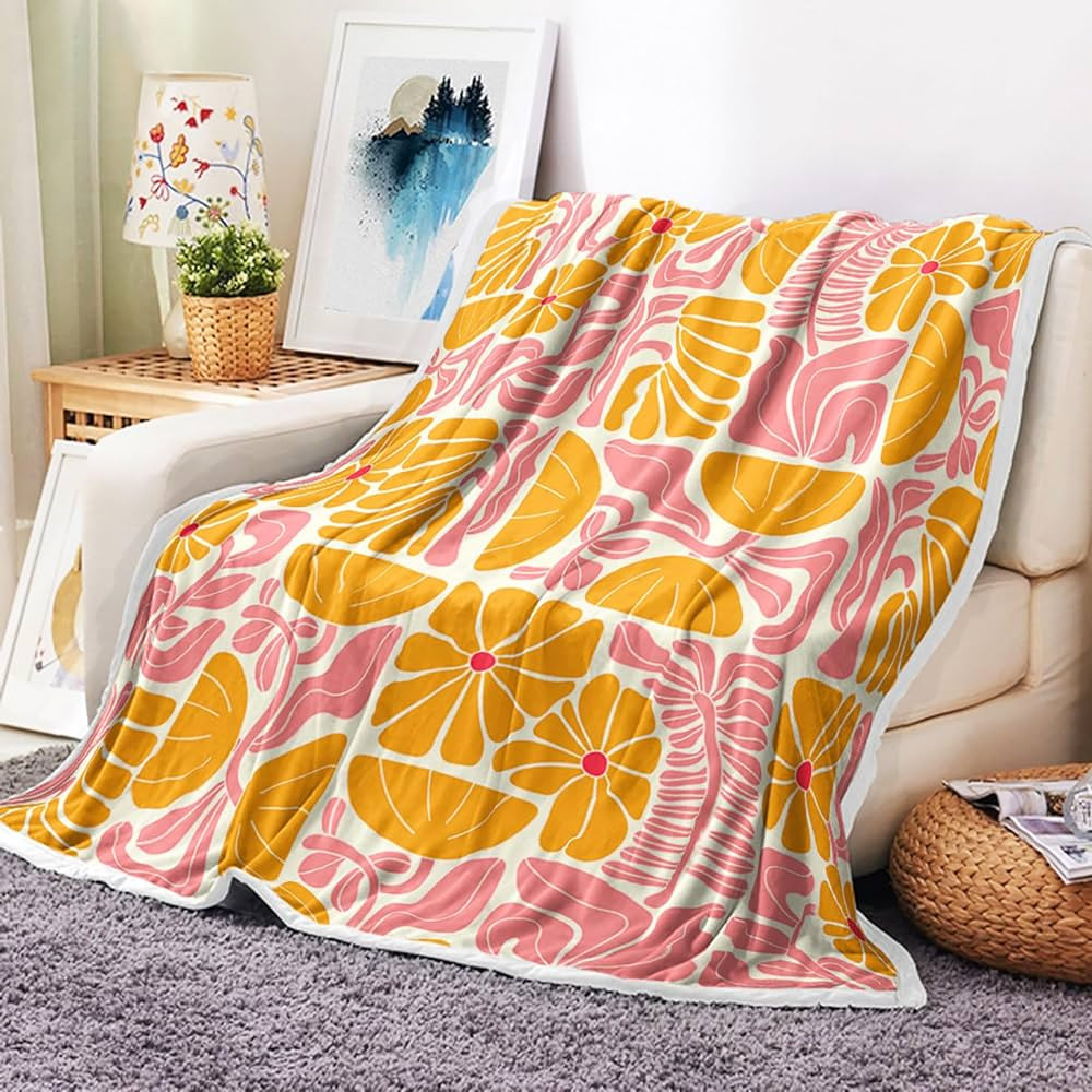 Boho Abstract Colorful Floral Throw Blanket, Vintage Retro Patchwork Orange Pink Flower Botanical... | Amazon (US)