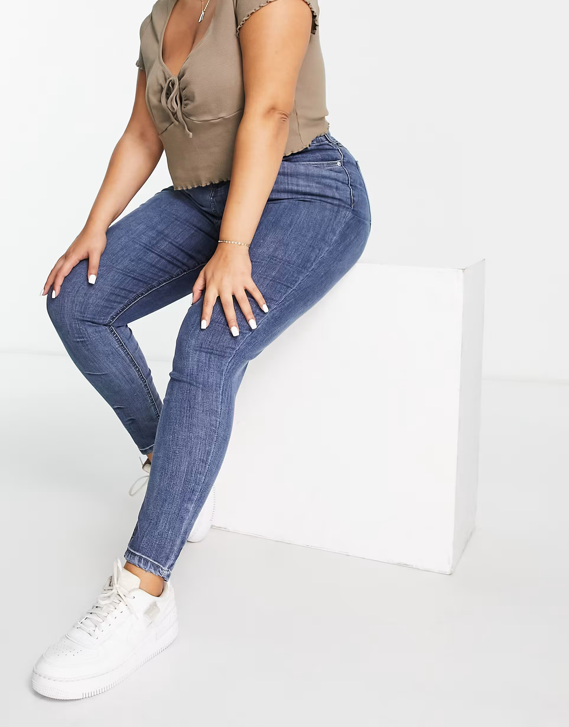 DTT Plus Ellie high waisted skinny jeans in mid blue | ASOS (Global)