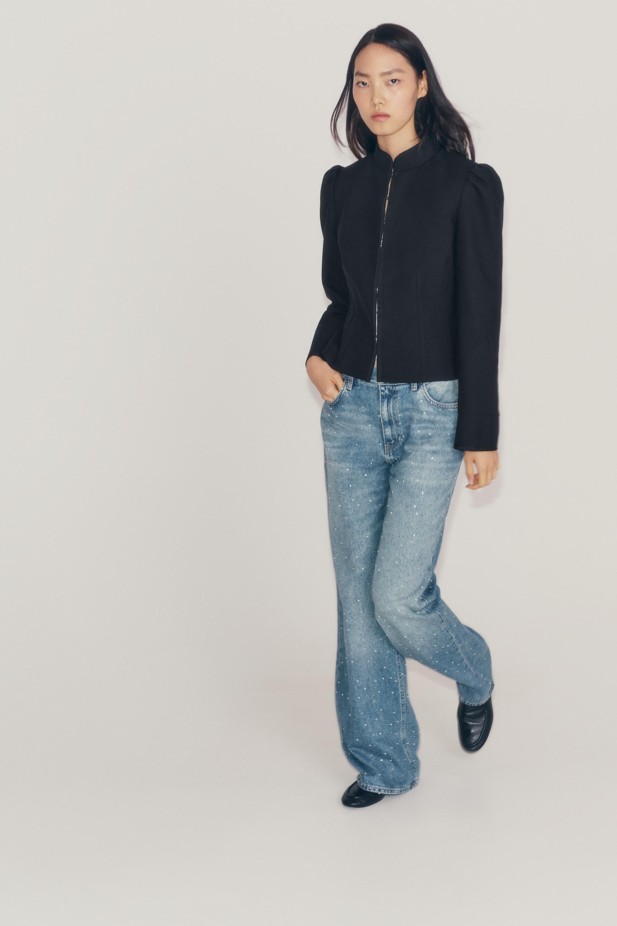 ZW COLLECTION MID-RISE WIDE LEG RHINESTONE JEANS | Zara US