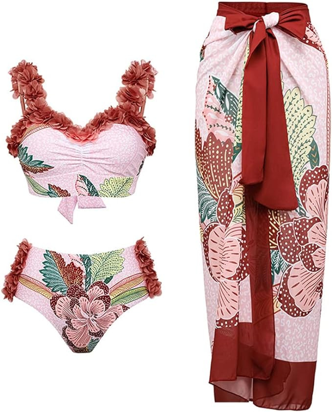 Womens V Neck One Piece Swimsuit with Beach Cover Up Sarong Bikini Skirt Set Bathing Suit Swimwea... | Amazon (US)