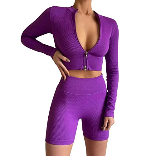ABOCIW Women's 2 Piece Tracksuit Workout Sets Seamless Ribbed Long Sleeve Zip Crop Tops High Waist Biker Shorts Gym Yoga Exercise Outfits Purple Large | Amazon (US)