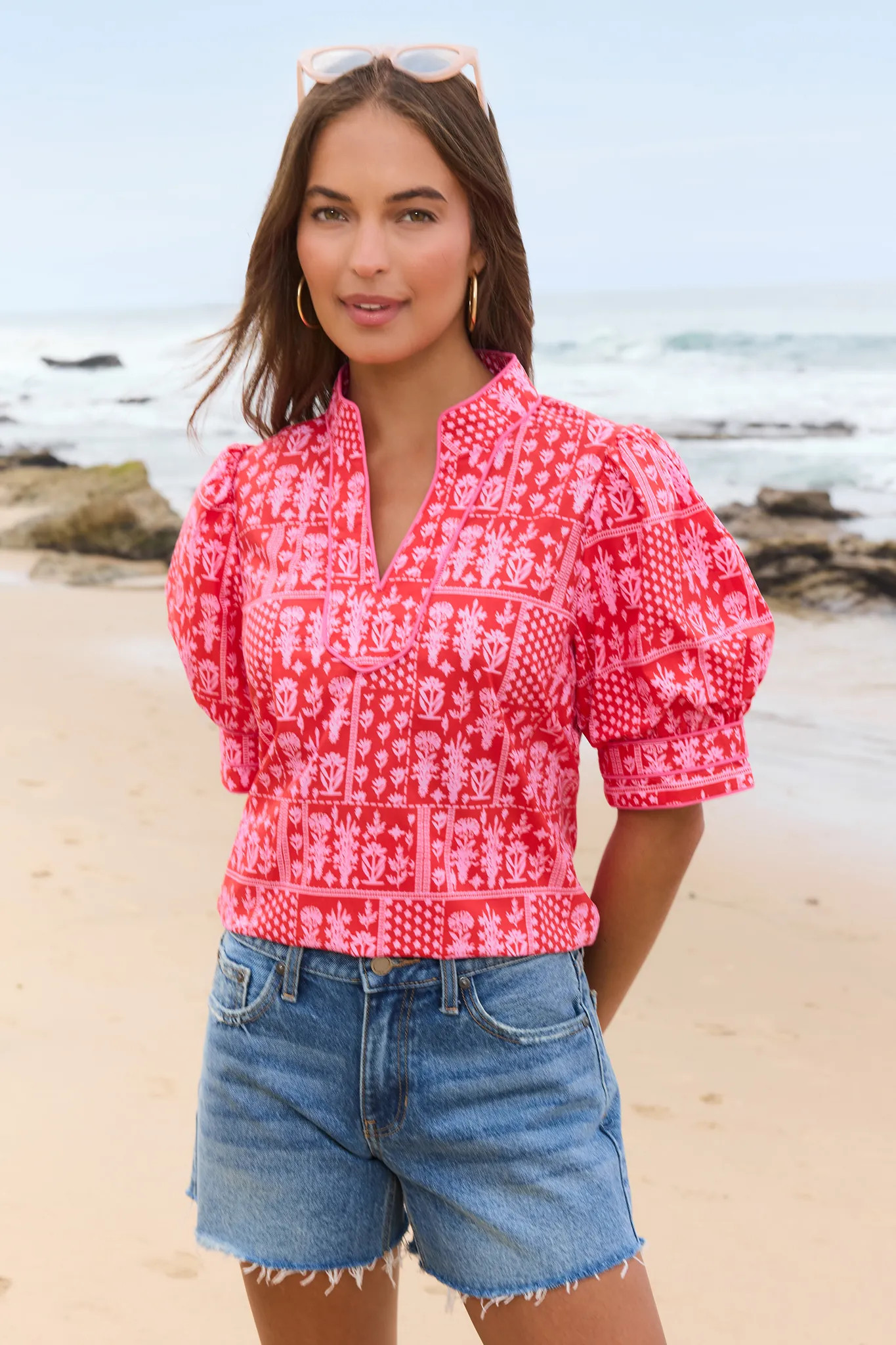 Dakota Red Puff Sleeve Split Neck Top | Avara