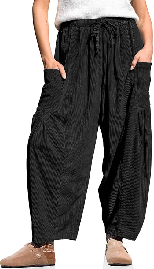 TARSE Womens Corduroy Pants Barrel Casual Loose Baggy Drawstring Wide Leg Palazzo Harem Pants wit... | Amazon (US)