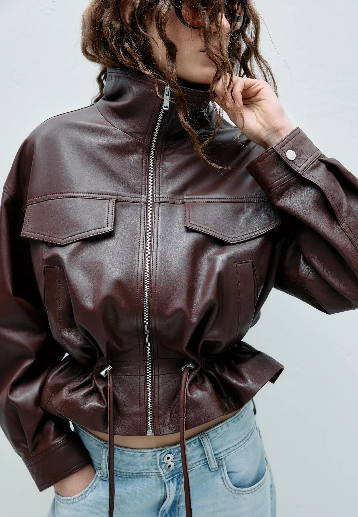 Leather jacket with pockets and adjustable waist - Women's Leather | Stradivarius United Kingdom | Stradivarius (UK)