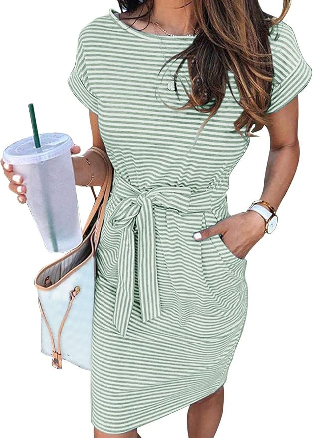 MEROKEETY Women's Summer Striped Short Sleeve T Shirt Dress Casual Tie Waist with Pockets | Amazon (US)