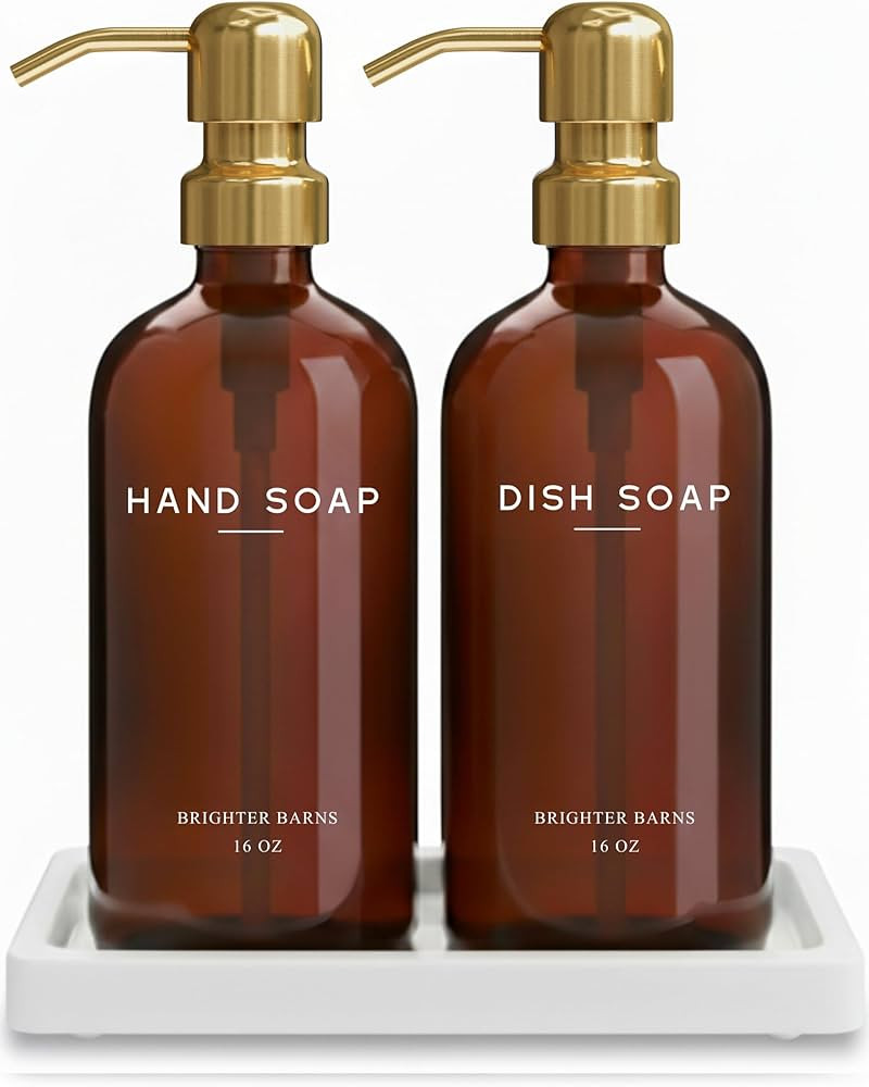 Luxury Glass Hand and Dish Soap Dispenser Set with Tray by Brighter Barns - Kitchen Soap Dispense... | Amazon (US)