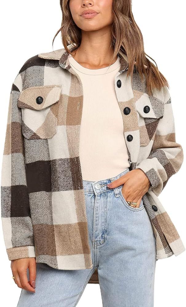 AUTOMET Womens Casual Plaid Shacket Button Down Long Sleeve Shirt | Amazon (US)