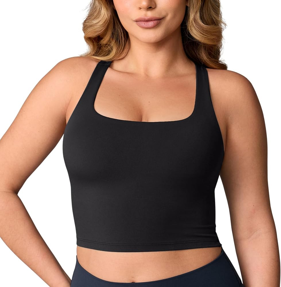 Hugcurve Adjustable Racerback Longline Sports Bras Square Neck Padded Yoga Workout Crop Tank Tops... | Amazon (US)