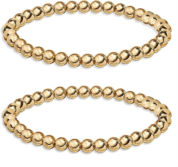 HZEYN Gold Beaded Bracelets for Women Stackable 14K Gold Plated Brass Bead Ball Stretch Bracelet ... | Amazon (US)
