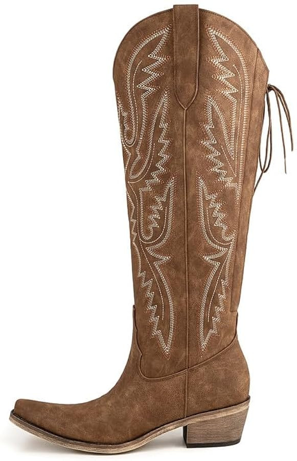 Atuelang Western Cowboy Boots for Women Knee High Wide Calf Lace Up Embroidered Cowgirl Boots | Amazon (US)