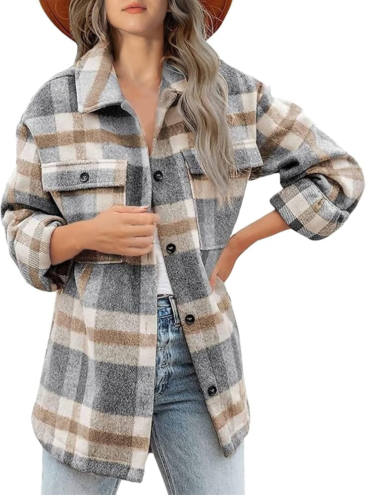 Lviefent Womens Casual Wool Blend Plaid Flannel Shackets Jacket Button Down Shirt Coat | Amazon (US)