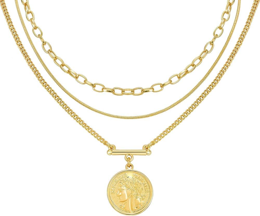 LANE WOODS Layered 18k Gold Plated Necklaces for Women - Multilayer Coin Medallion Pendant Neckla... | Amazon (US)