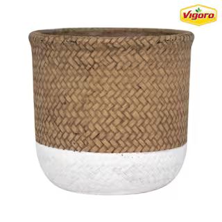6 in. Bronwyn Small White & Natural Reed Cement Round Planter (6 in. D x 5.6 in. H) with Drainage... | The Home Depot