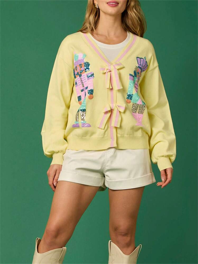 Women Sequin Nutcracker Cardigan Funny Bow Tie Ugly Christmas Sweater Cute Open Front Knitted Lon... | SHEIN