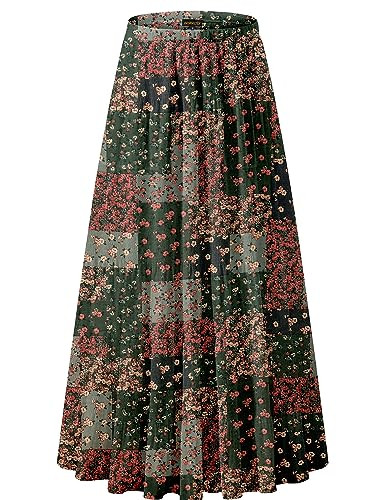 NASHALYLY Women's Chiffon Elastic High Waist Pleated A-Line Flared Maxi Skirts(Flower-231,XL) | Amazon (US)