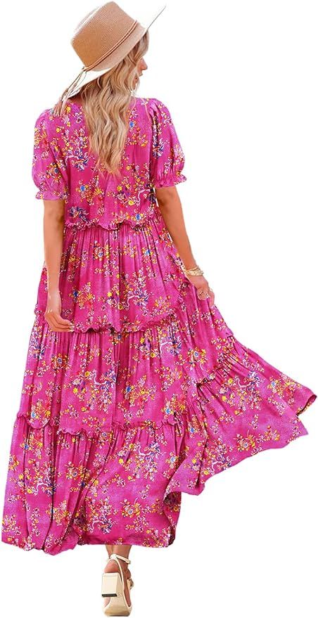 YESNO Summer Casual Bohemian Floral Dresses for Women 2024 Puff Short Sleeve Long Maxi Dress with... | Amazon (US)