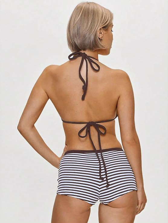 MakeMeChic Women's Bikini with Shorts Striped Bikini Set Halter Triangle Tie Backless Y2K Swimsui... | Amazon (US)
